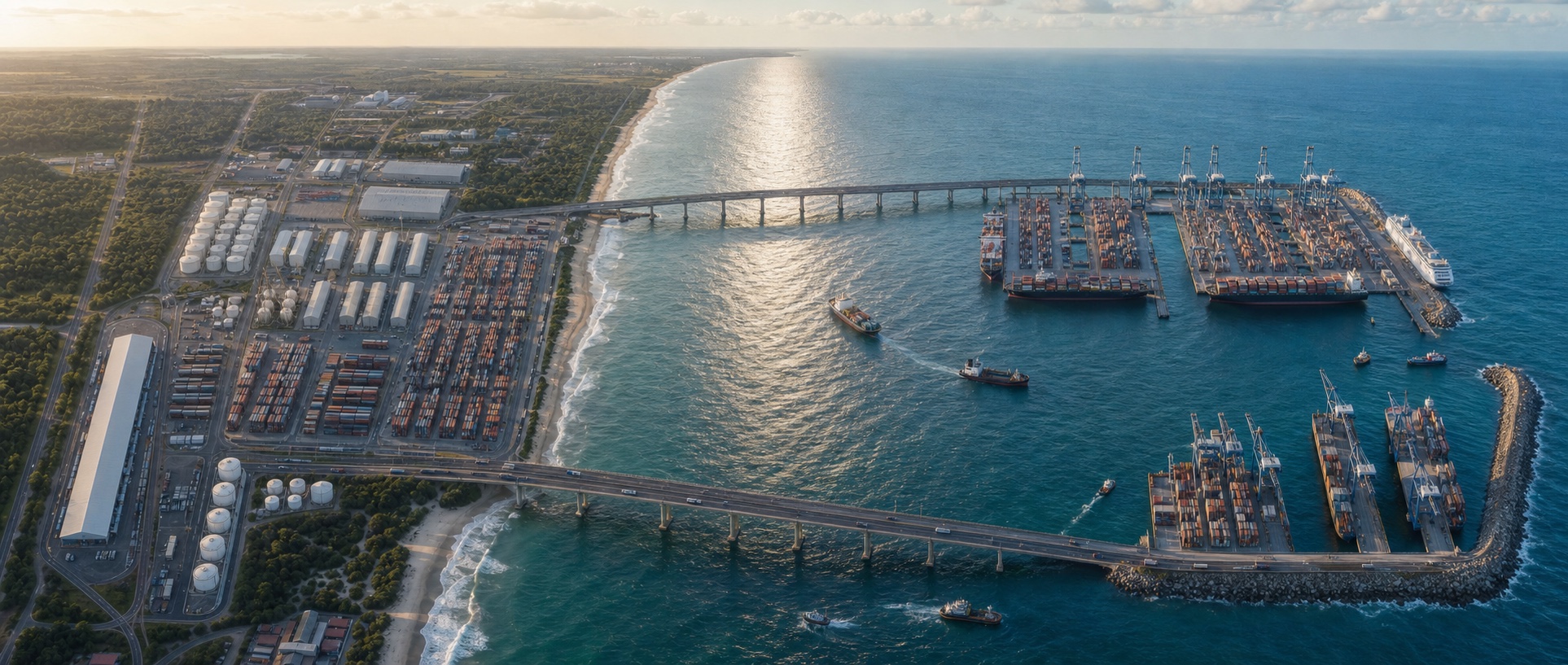 Conceptual aerial rendering of SuperPorto São Paulo showing offshore terminal islands and their dedicated coastal connections